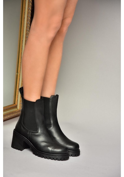 Fox Shoes T726981609 Siyah Lastikli Kalın Topuklu Kadın Bot Siyah-Suni Deri Siyah