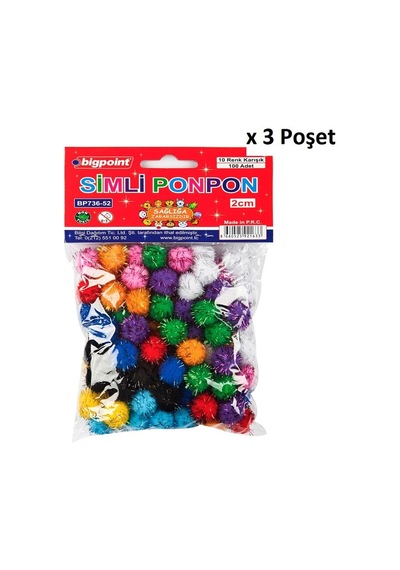 Bigpoint Ponpon Simli 2 Cm 10 Renk / 100'lü Poşet X 3 Poşet