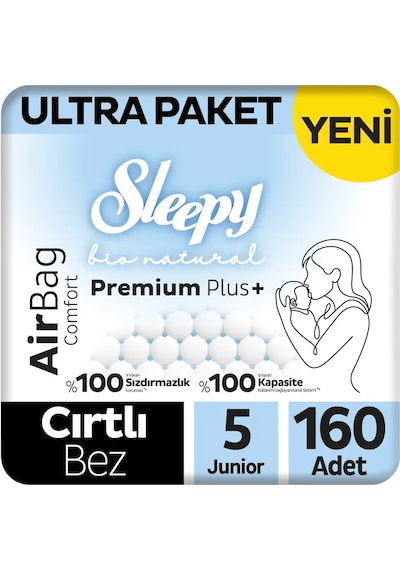 Sleepy Bio Natural Premium Plus Airbag Comfort Ultra Paket Bebek Bezi 5 Numara Junior 160 Adet