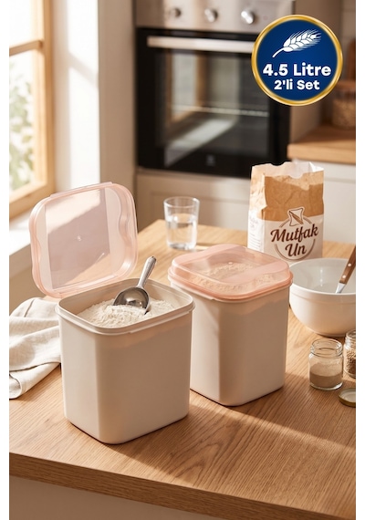 4.5 Litre 2'li Un Ve Erzak Saklama Kabı Seti Krem
