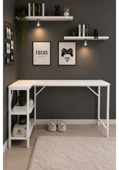 Beyaz L Masa, Kitaplıklı, Raflı, 120 Cm Çalışma Masası, Bilgisayar, Pc, Oyuncu, Gaming Masası Metal Ayaklı