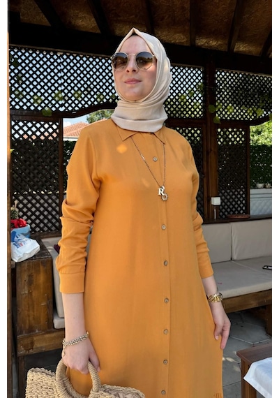 Rabia Şamlı Süreyya Gömlek Elbise Hardal Sarısı Normal