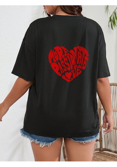 Unisex Yazılı Kalp Baskılı Tasarım Tshirt Siyah