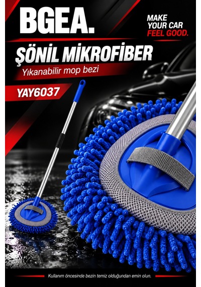 Bgea Mavi Mikrofiber Araç Yıkama Mop Seti Teleskopik Saplı Yay6037