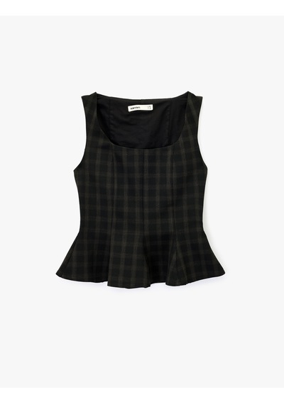 Koton Kare Yaka Kolsuz Ekose Peplum Bluz Siyah Ekose 7wak30001pw Siyah Ekoseli