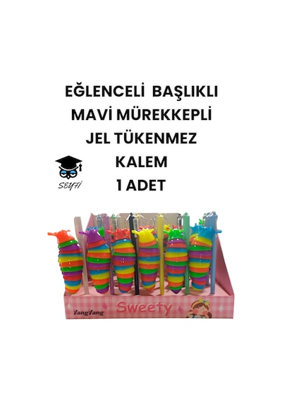 Eğlenceli Başlıklı İnce Uçlu Jel Tükenmez Kalem Mavi Mürekkep 2