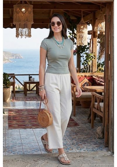 Lela Keten Karışımlı Regular Fit Normal Bel Geniş Paça Bayan Pantolon 5866030 Bej