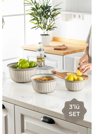 3lü Ekonomik Linea Yuvarlak Kase Seti Bej 3x 1 Litre- 2 Litre- 3 Litre Bej