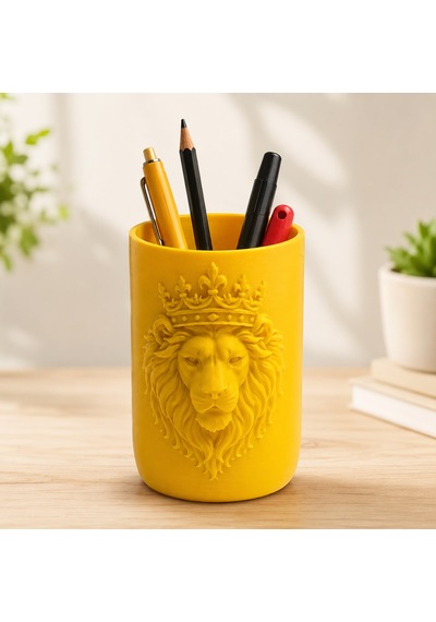 Aslan Figürlü Kalemlik Masaüstü Kalem Organizeri 10x6 Cm 3d Baskı Dekoratif Kalem Kutusu Ofis Ev Çalışma Masası Aksesuarı Sarı