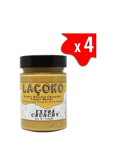 Laçoko Şekersiz Katkısız Glutensiz Vegan Doğal Çifte Kavrulmuş Parçacıklı Yer Fıstığı Ezmesi 4 x 320 G