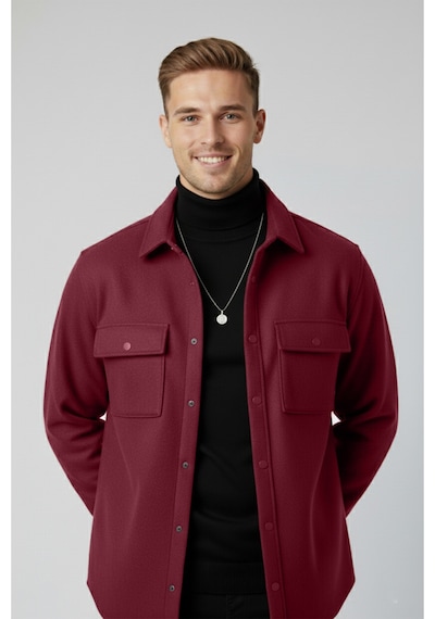 Deepsea Erkek Bordo Kaşe Ceket Mont Rahat Kesim Cepli Çıtçıtlı Ceket 2500559 Bordo