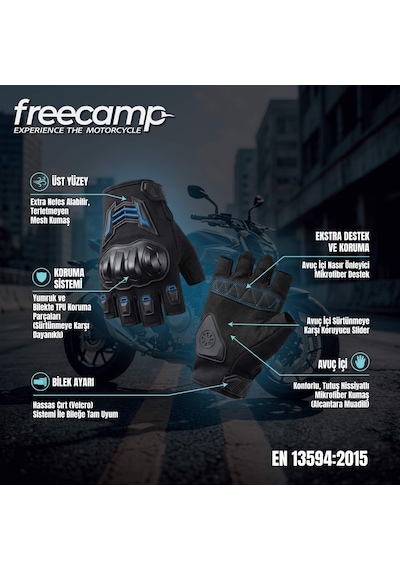 Freecamp Power Yarım Parmak Motosiklet Eldiveni En 13594-siyah-mavi