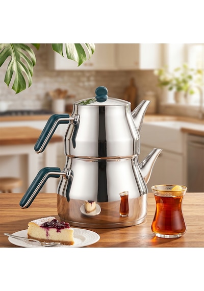 Porsima 1025-2 Prizma Bakalit Kulp Orta Boy Paslanmaz Çelik Çaydanlık Takımı - Yeşil - 1.10-2 Lt