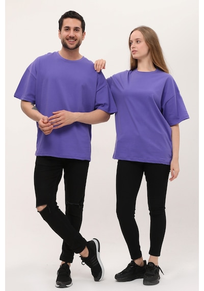Unisex Mor Oversize Bol Kalıp T-shirt Çift Kombini Mor