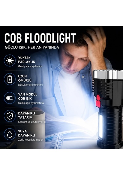 5 Led + Cob Süper Parlak Şarjlı El Feneri 14 Cm 4 Modlu, Güçlü Işık, Usb Şarjlı, Kamp, Av, Balıkçılık, Karavan, Acil Durum, Tamir, Araç, Yürüyüş Ve Outdoor Kullanımına Uygun Siyah