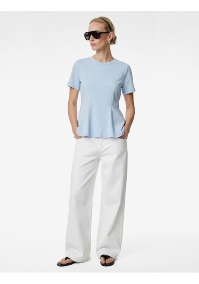 Koton Pamuklu Slim Fit Kısa Kollu Bisiklet Yaka Peplum Basic Tişört Mavi 6sak50209ek Mavi