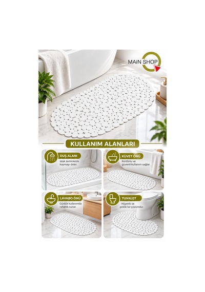 Güvenli Ve Kaydırmaz Duş Paspası - 34x68 Cm Vantuzlu Banyo Paspas Beyaz Renk M-130