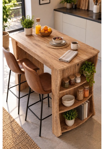 Sulorahome Raflı Çok Amaçlı Mutfak Adası Ve Kahvaltı Masası 120x60 Cm Ahşap