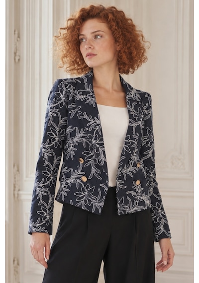 Armonika Kadın Koyu Lacivert Kruvaze Yaka Desenli Crop Ceket Arm-27k001025