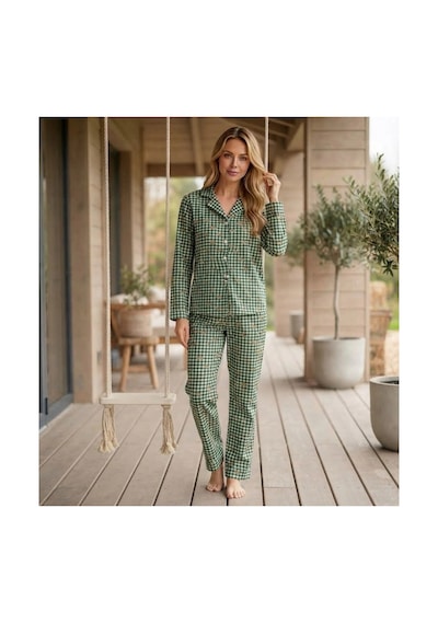 Pijamoni Kadın Süet Kumaş Önü Düğmeli Uzun Kollu Pijama Takımı Yeşil Kare Desenli