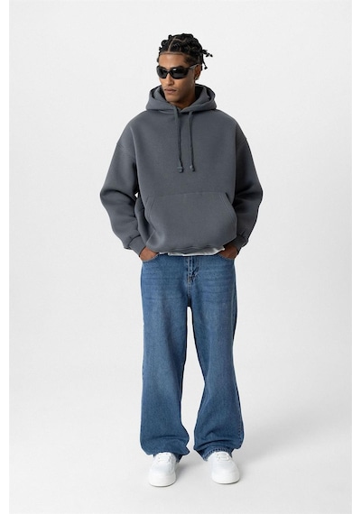 Vamos Basic Oversize Yıkamalı Hoodie Füme
