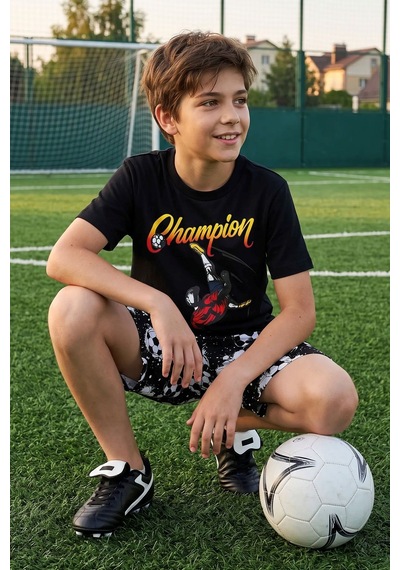 Zuzunga Erkek Çocuk Champion Futbol Baskılı Şort Alt - Üst Takım Beyaz - Siyah