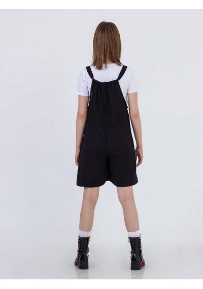 Zekids Kız Çocuk Askılı Kısa Tshirt İle Takım Keten Tulum-13784 Siyah