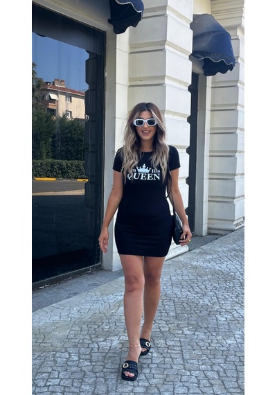 Drgy Giyim Kadın Kısa Kollu Queen Baskı Iki Iplik Mini Elbise Siyah