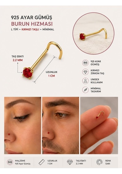925 Ayar Gümüş Kırmızı Taşlı Burun Hızması Piercing Minimal L Şekilli Unisex Nose Stud Sarı