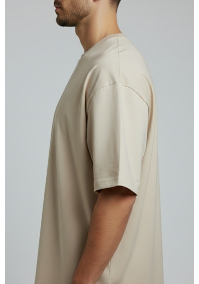 Allunique Erkek Pamuklu Oversize Bisiklet Yaka Bej T-shirt