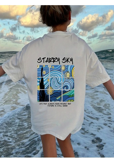 Uyguntarz Çocuk Starry Sky Baskılı Pamuklu Tshirt Beyaz