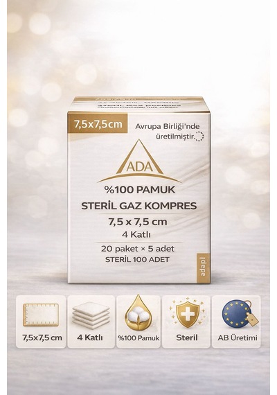 Ada Steril Kompres 7,5x7,5 Cm 4 Katlı %100 Pamuk - 100 Adet 10 Kutu