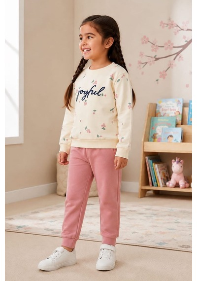Pina Kids Kız Çocuk Kirazlı Desenli Okul Günlük Eşofman Takımı Esf7034 Pudra