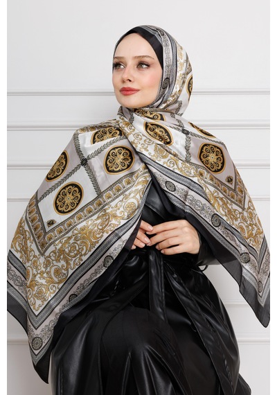 Sevitli Versace Desenli Hint İpeği Şal-sarı-4537