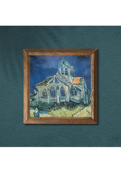 Pinecone Vincent Van Gogh Auvers'deki Kilise Taş Duvar Tablosu - Ahşap Çerçeveli Taş Tablo - 25x25 Cm - Dekoratif Duvar Sanatı - Modern Ev Ve Ofis Duvar Dekoru W1-289