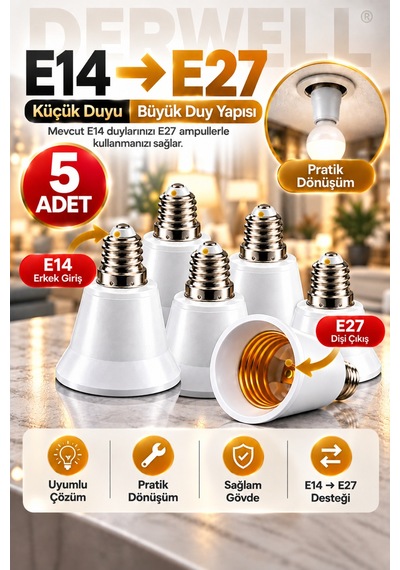 5 Adet E14'ten E27'ye Ampul Duy Dönüştürücü Adaptör - Küçük Duyuyu Büyük Duya Çevirici Aparat, Ev Ve Ofis İçi Pratik Aydınlatma Çözümü, Sağlam Ve Dayanıklı Gövde Yapısı