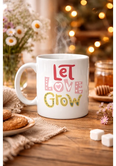 Let Love Grow Tasarımlı Porselen Kupa Model 37 Sevgi Temalı Özel Hediye Kupası Düz Renkli