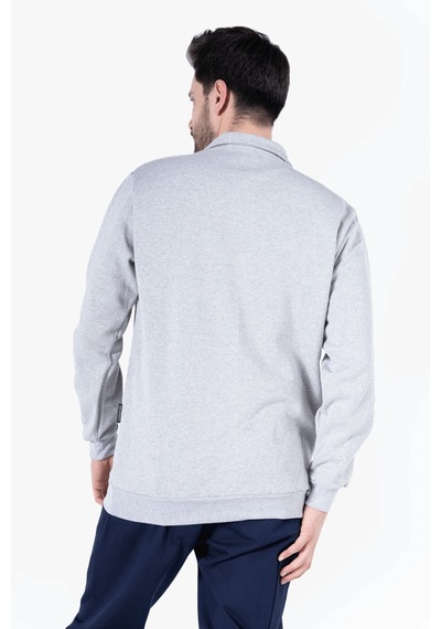 İki İplik Polo Yaka Cepli Sweatshirt Gri Melanj