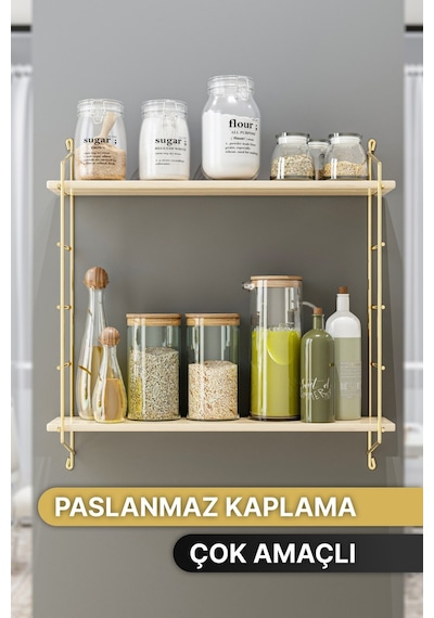 Bino Duvar Rafı Masif Doğal Ahşap Büyük Boy Geniş 2 Katlı Gold Kitaplık Terek Mutfak Rafı Banyo Rafı