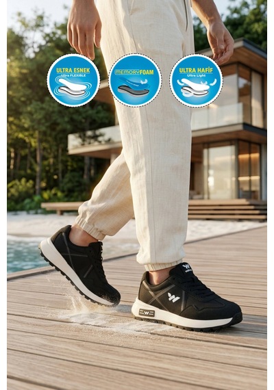 Walkway Siyah Hafızalı Taban Hafif Esnek Unisex Spor Ayakkabı Muveon M Siyah - Beyaz