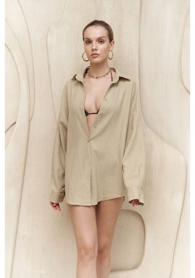Mai Collection Mai Studios Co. Charlotte Bej Oversize Keten Gömlek Bej