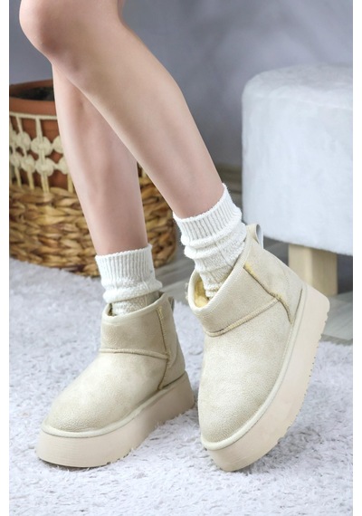 Asmi Shoes Kadın Pavro Süet İçi Kürklü Kalın Taban 4.5 Cm Mini Kısa Bot Krem Krem