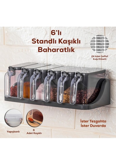 Baharat Saklama Kabı, 6'lı, Kaşıklı, Etiketli Çok Renkli