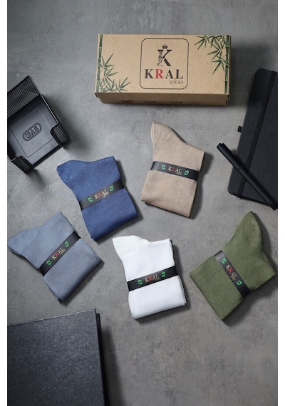 Kral Socks Bambu Erkek Çorap Klasik Soket Uzun Yazlık Dikişsiz 5'li Kutulu Çok Renkli