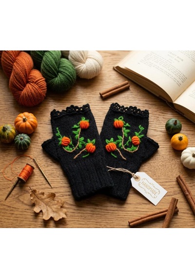 Newdaycraft El Örgüsü Motifli Cadılar Bayramı Balkabağı Nakışlı Parmaksız Eldiven Siyah - Turuncu Newdaycraft El Örgüsü Motifli Cadılar Bayramı Balkabağı Nakışlı Parmaksız Eldiven Siyah - Turuncu