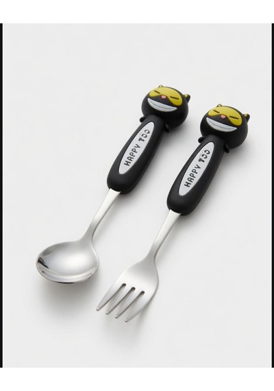 Sevimli Figürlü Premium Çocuk Bpa Free Paslanmaz Çelik Uçlu Çatal-kaşık Set 24+ Ay Siyah