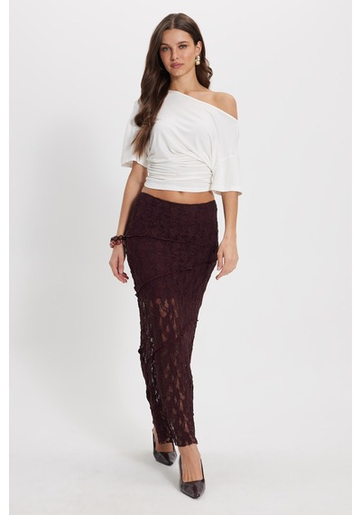 Tudors Kadın Slim Fit Dar Kesim Lastikli Yüksek Bel Dantelli Bordo Etek -50500