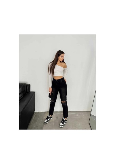 Kene Jeans Yüksek Bel Siyah Çift Diz Lazer Yırtık Mom Jeans Siyah
