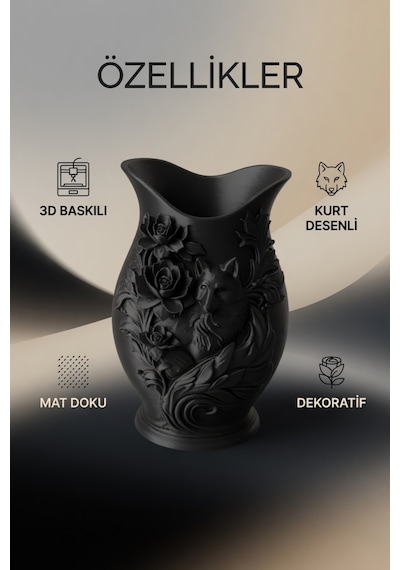 Kurt Desenli Gül Kabartmalı Dekoratif Vazo Mat Dokulu Ev Ofis Salon Masa Raf Süsü Çiçeklik 15x10 Cm Siyah