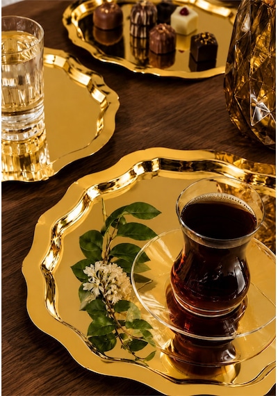 Jasper Viona 6'lı Gold Detaylı Oval Kahve Sunum Tepsisi Servis Çay Tepsisi Dekoratif Tepsi